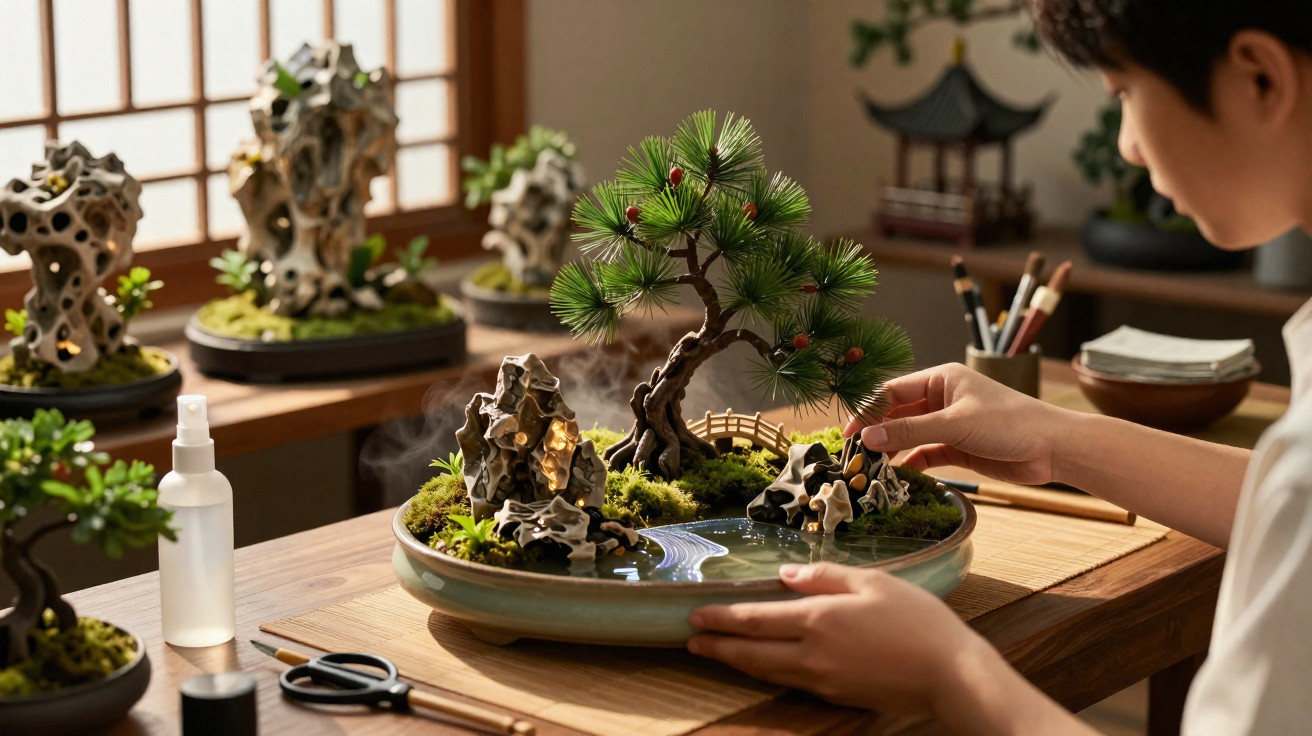 Pessoa cuidando de um bonsai em miniatura artesanal em uma mesa de madeira.