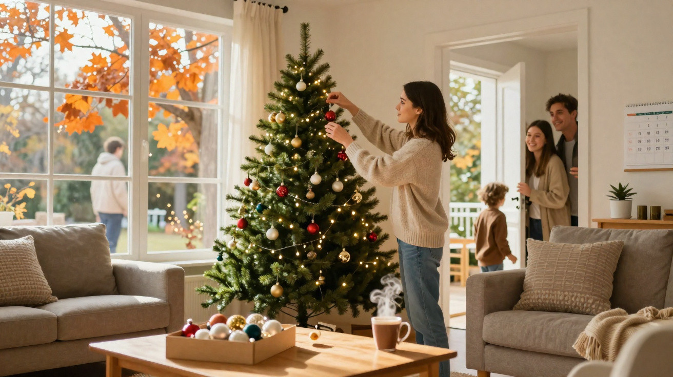 Mulher decorando árvore de Natal na sala enquanto família entra sorrindo pela porta.