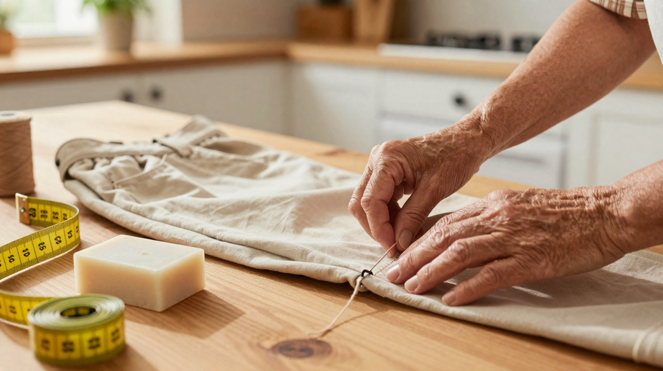 Mãos masculinas costurando tecido bege sobre mesa de madeira com fita métrica e sabonete ao lado.