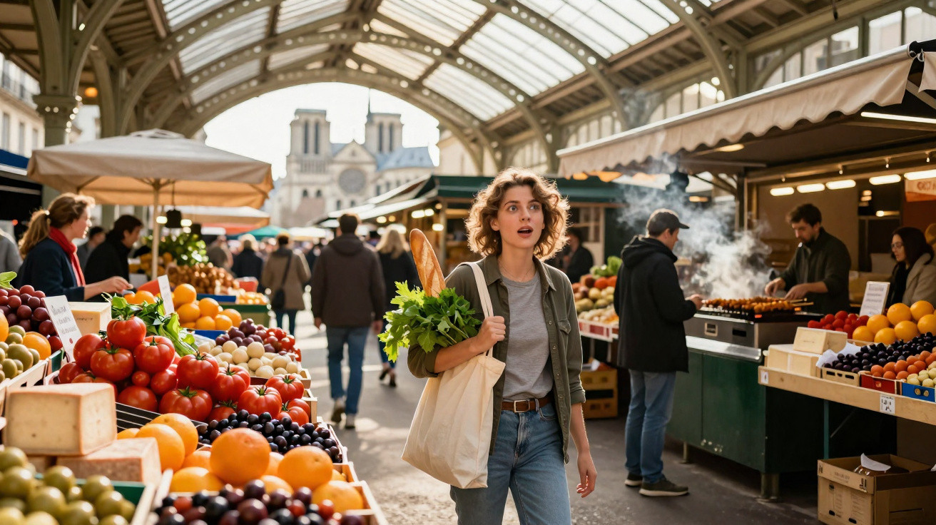 Jovem mulher com sacola de compras e baguete em mercado coberto com frutas e legumes variados.