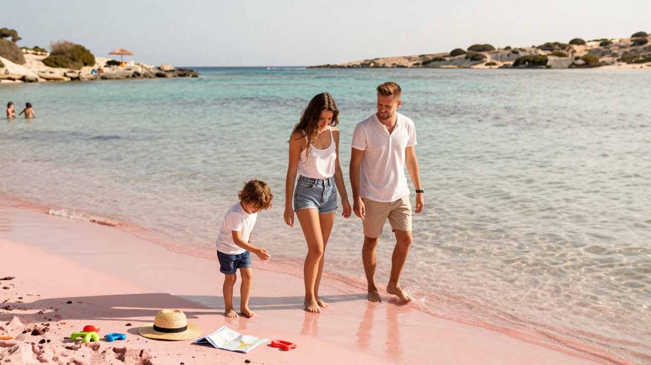 Família com duas crianças caminhando na beira da água em praia de areia rosa sob céu claro.