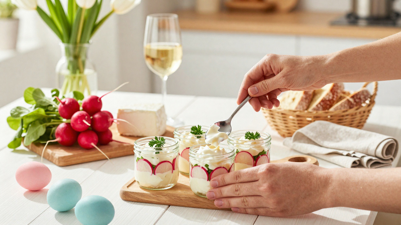 Mãos decorando potes com creme e fatias de rabanete, com ovos coloridos, queijo e vinho ao fundo.