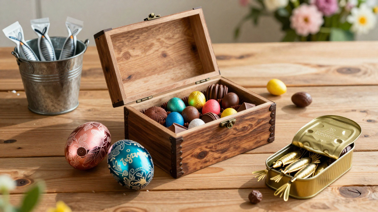 Caixa de madeira com chocolates coloridos, ovos de Páscoa decorados, balde de chocolate em forma de peixe e caixa metálica co