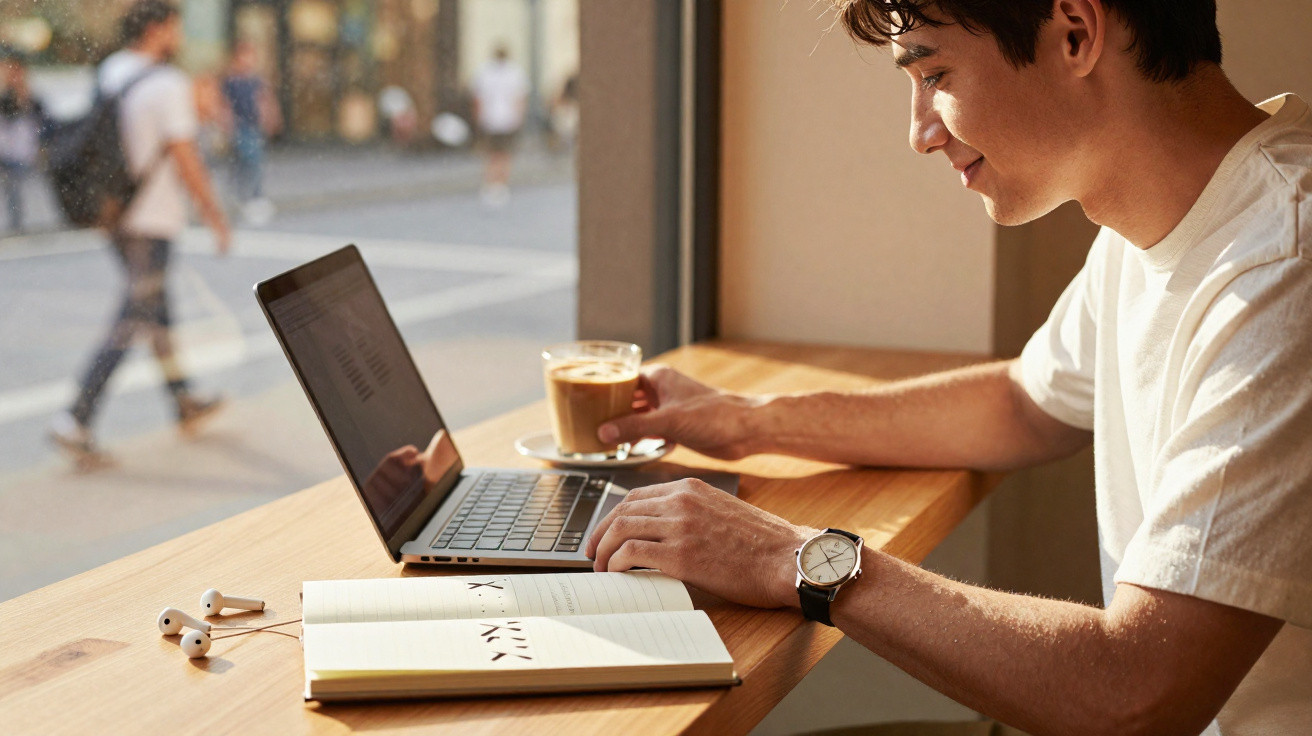 Jovem sentado em cafeteria com notebook, tomando café e escrevendo em caderno aberto na mesa.