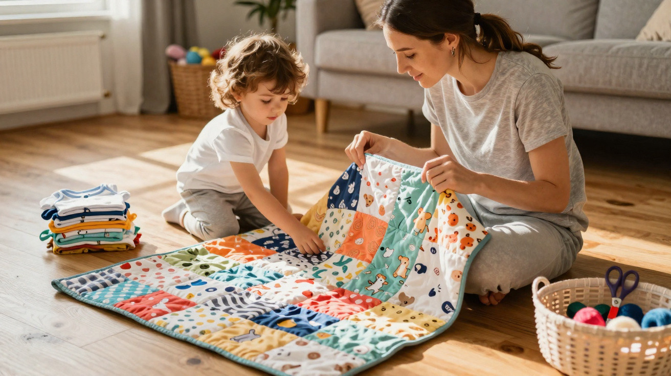 Mãe e filho pequeno sentados no chão, montando um patchwork colorido em uma sala iluminada.