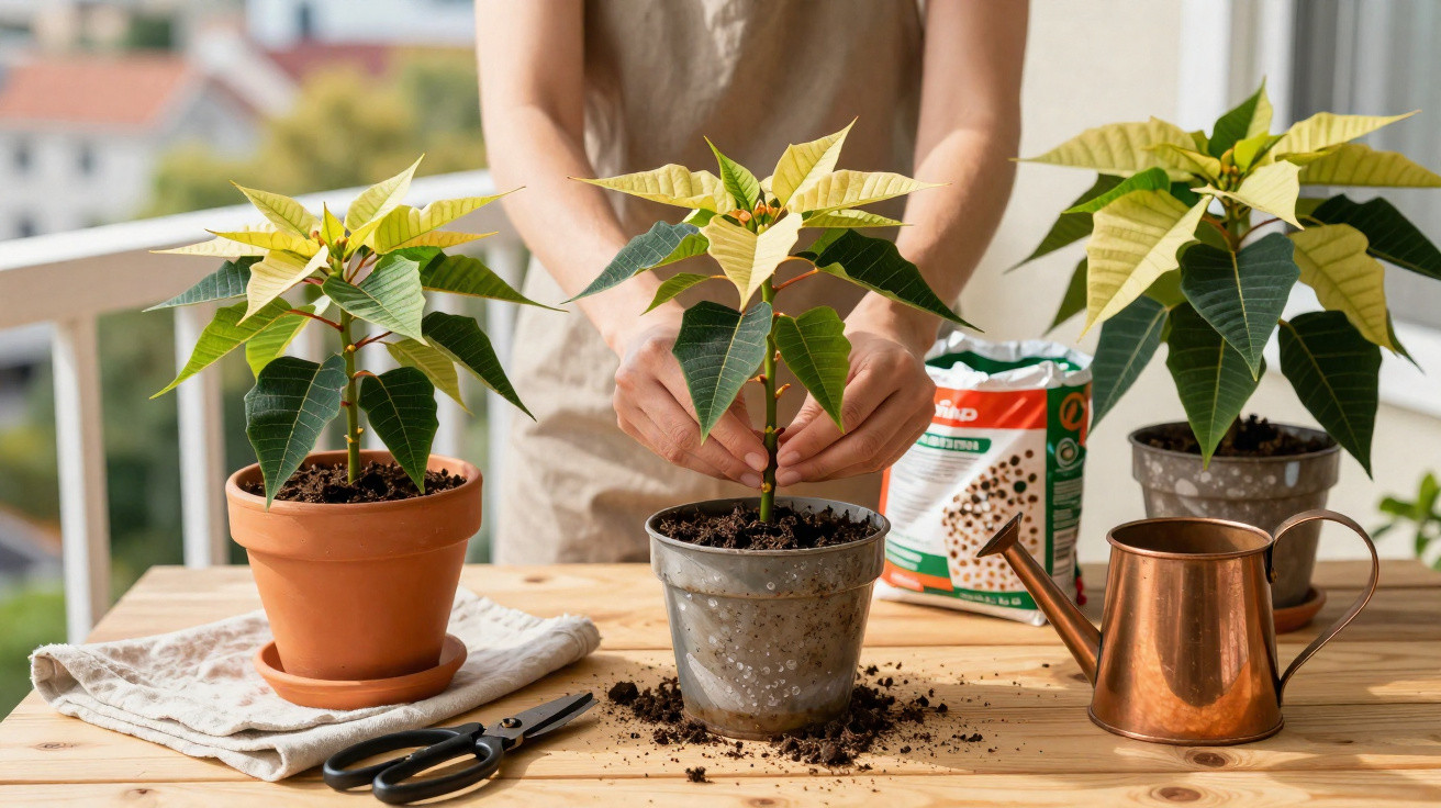Pessoa cuidando de três plantas em vasos sobre mesa de madeira com regador e tesoura.