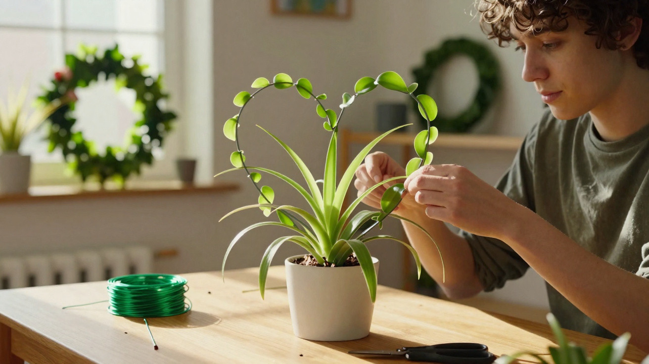 Jovem criando coração de plantas em vaso branco em mesa de madeira, com luz natural e decoração ao fundo.