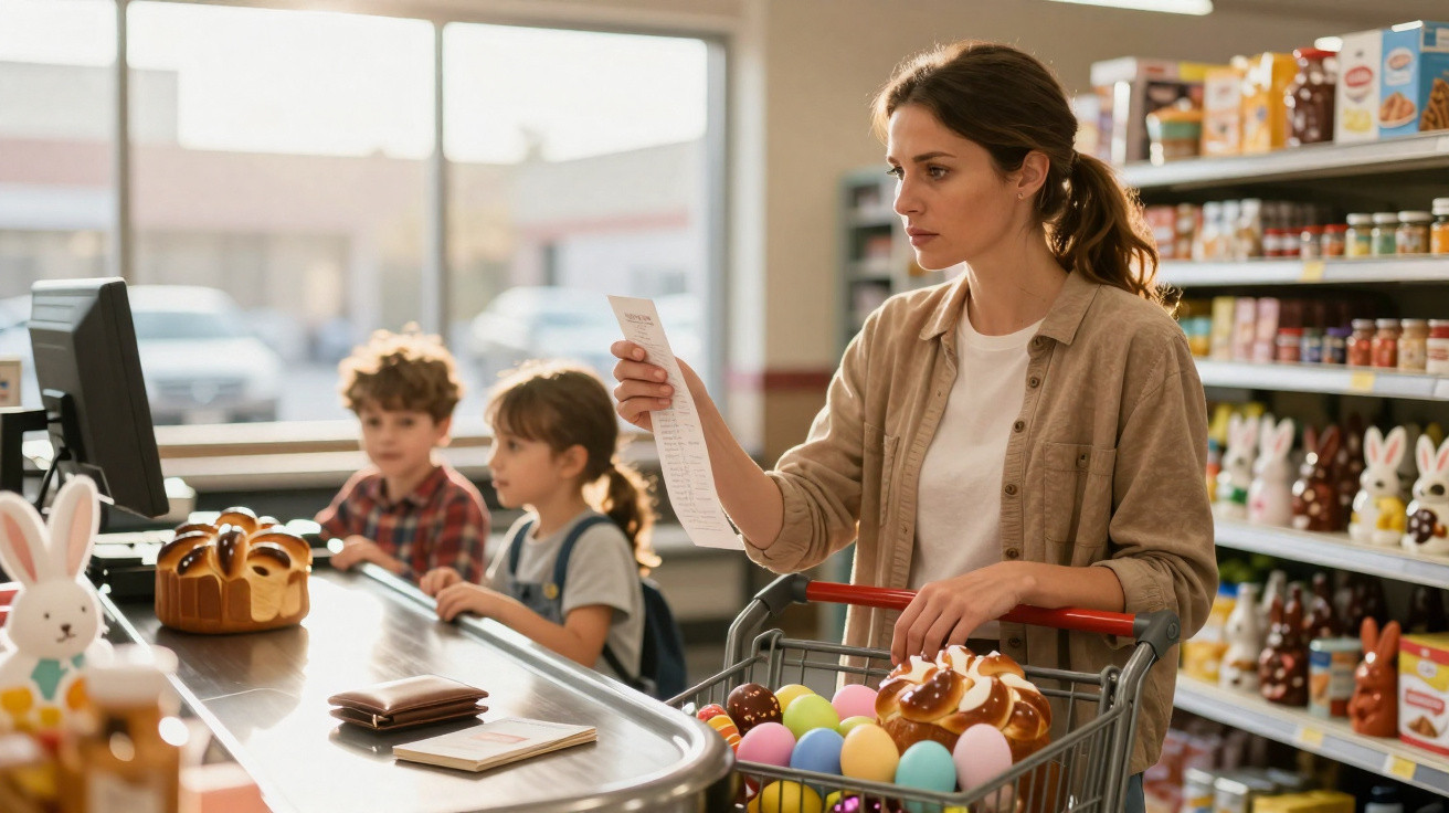 Mulher com carrinho cheio de ovos coloridos e pão verifica a lista de compras no caixa com duas crianças ao fundo.