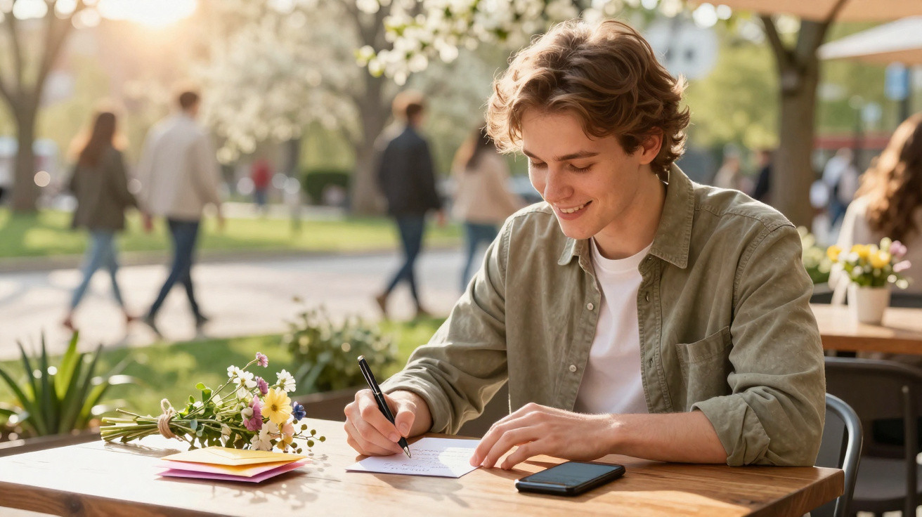 Jovem sorridente escrevendo carta em mesa ao ar livre com flores e celular, pessoas passando ao fundo.