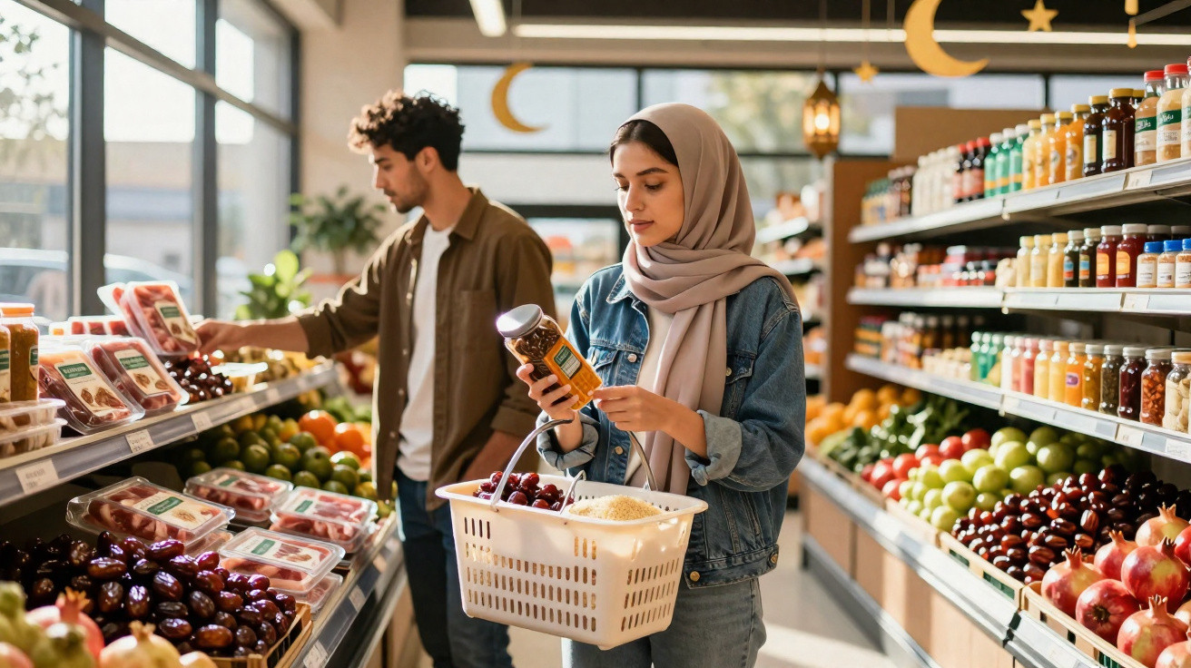 Mulher com hijab e homem fazem compras em supermercado, escolhendo alimentos nas prateleiras iluminadas.