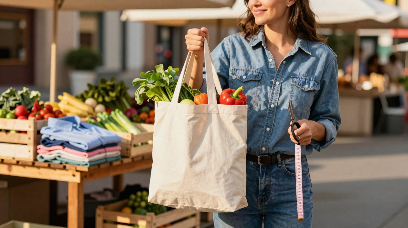 Mulher em feira segura sacola de tecido com legumes frescos e fita métrica, vestindo camisa jeans.