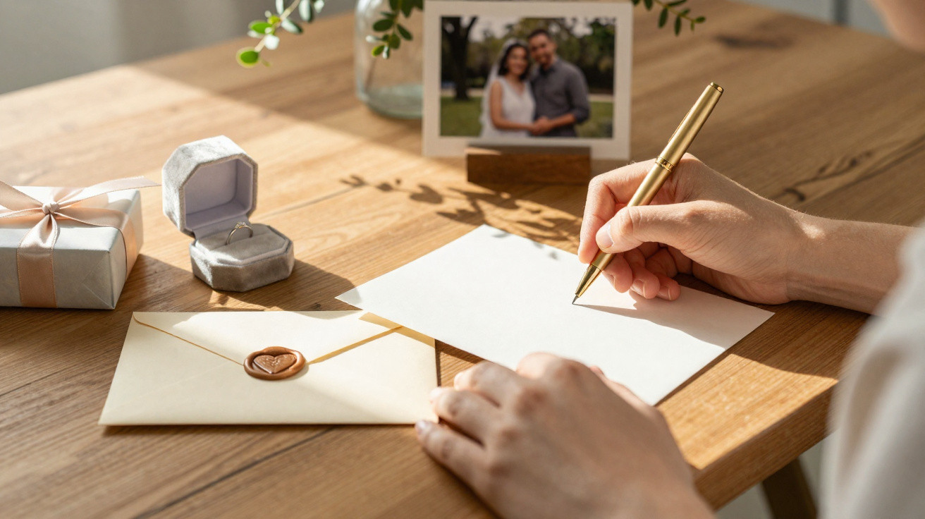Mãos escrevendo carta ao lado de envelope com selo de cera, caixa de anel e foto de casal sobre mesa de madeira.