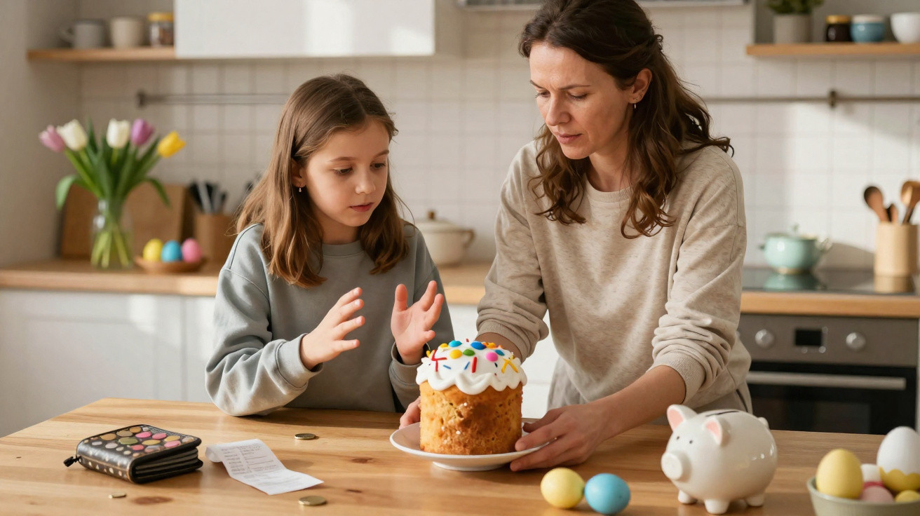 Mãe e filha decorando um bolo na cozinha com ovos de Páscoa e cofrinho na mesa.