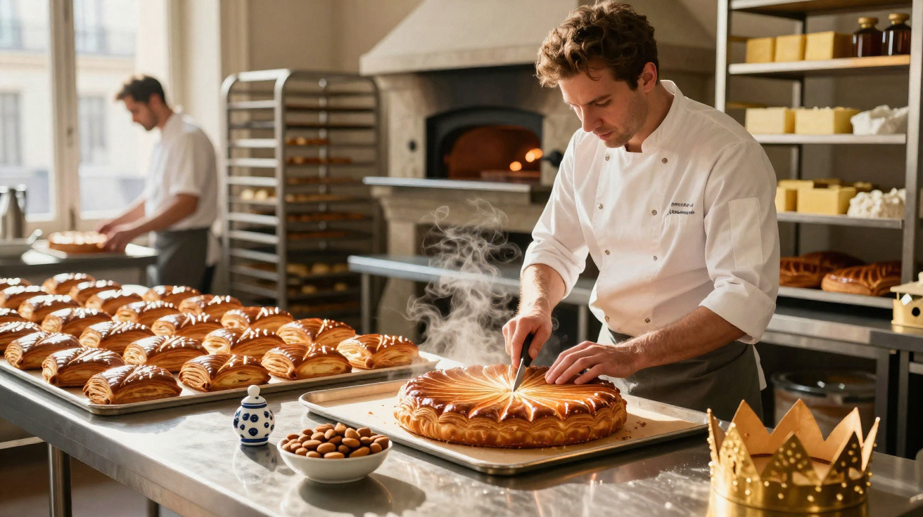 Padeiro decorando torta grande enquanto outra pessoa prepara pães em cozinha profissional.