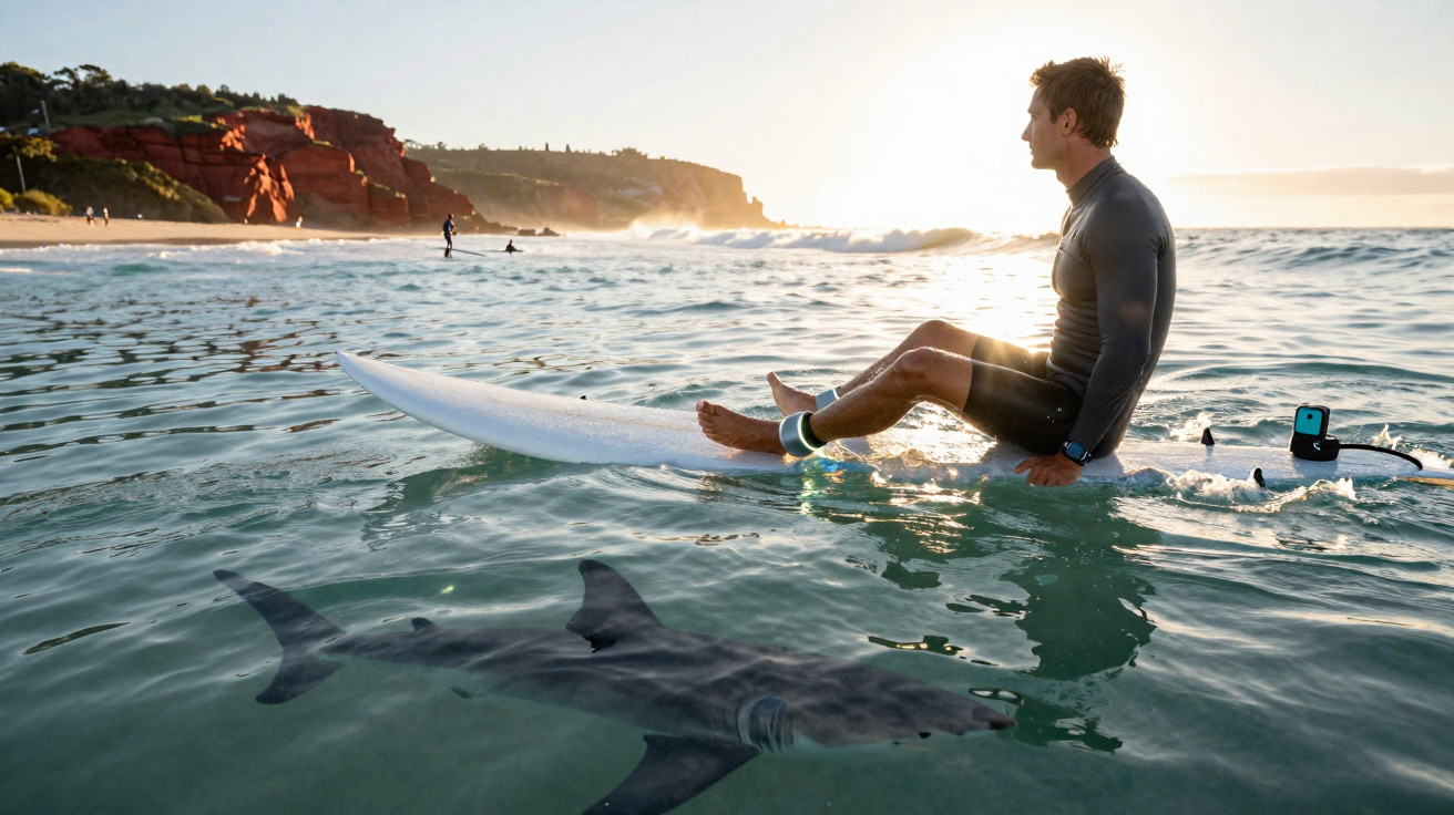 Homem sentado em prancha de surfe observa tubarão nadando abaixo da superfície do mar ao pôr do sol.