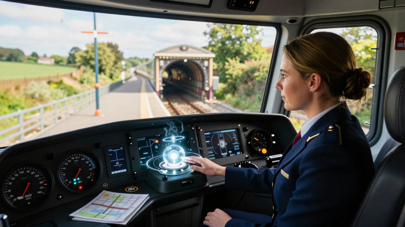 Mulher operando cabine de trem futurista com holograma, entrando em túnel na paisagem rural.