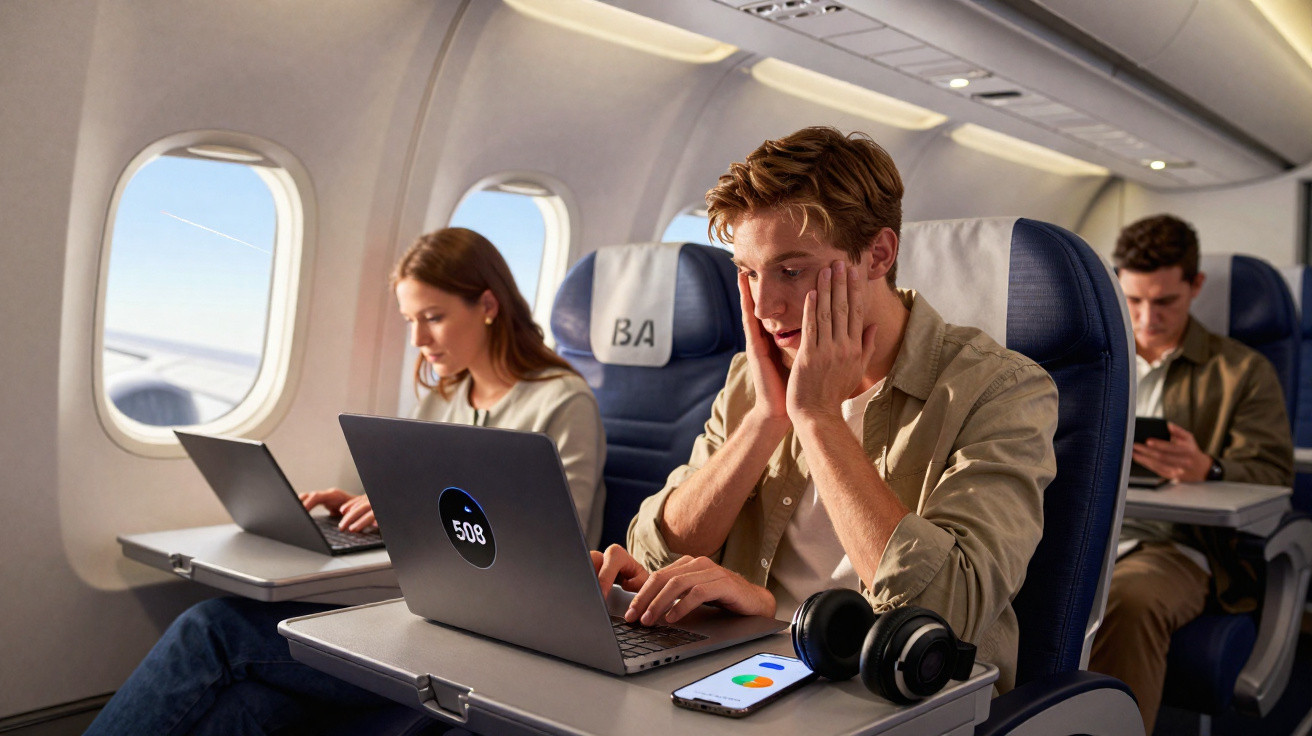 Homem preocupado usando laptop em poltrona de avião, com outros passageiros ao fundo.
