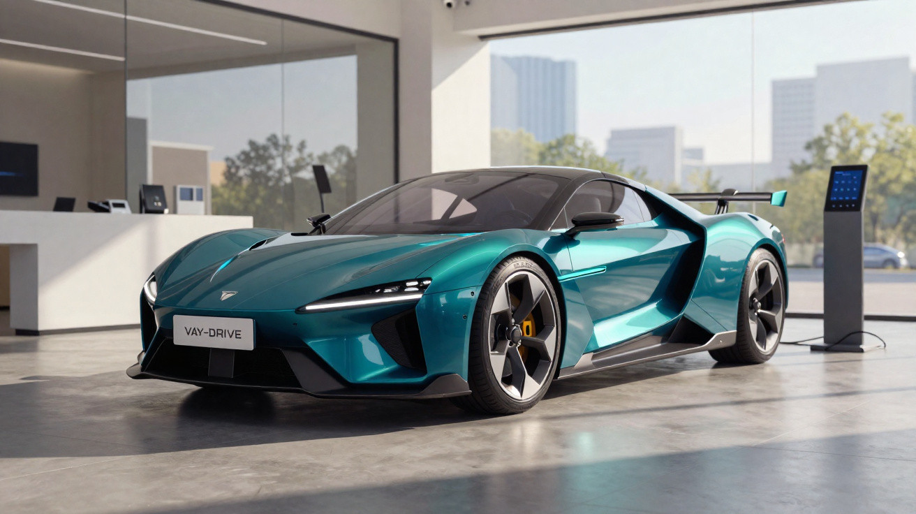 Carro esportivo elétrico verde em showroom moderno com carregador elétrico ao fundo.
