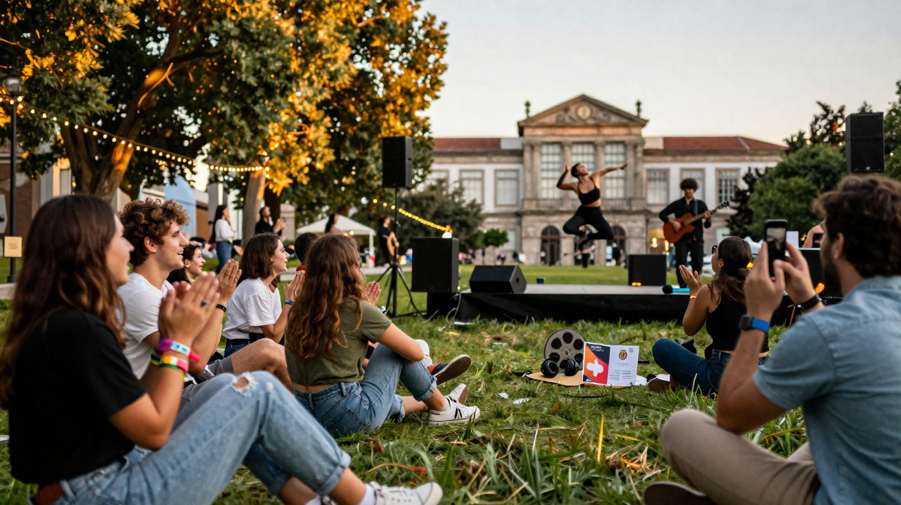 Público sentado na grama assistindo apresentação ao ar livre em frente a prédio histórico ao entardecer.