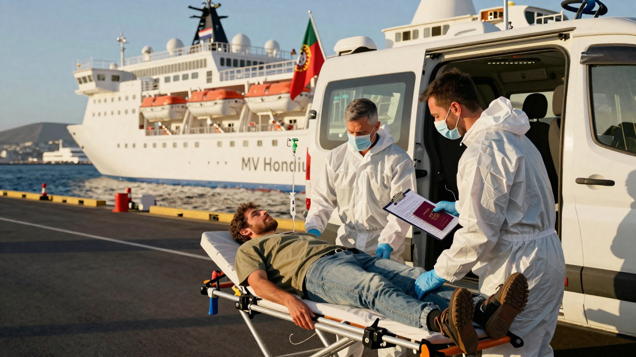 Paciente sendo atendido por profissionais com proteção em maca no porto, com navio de fundo.
