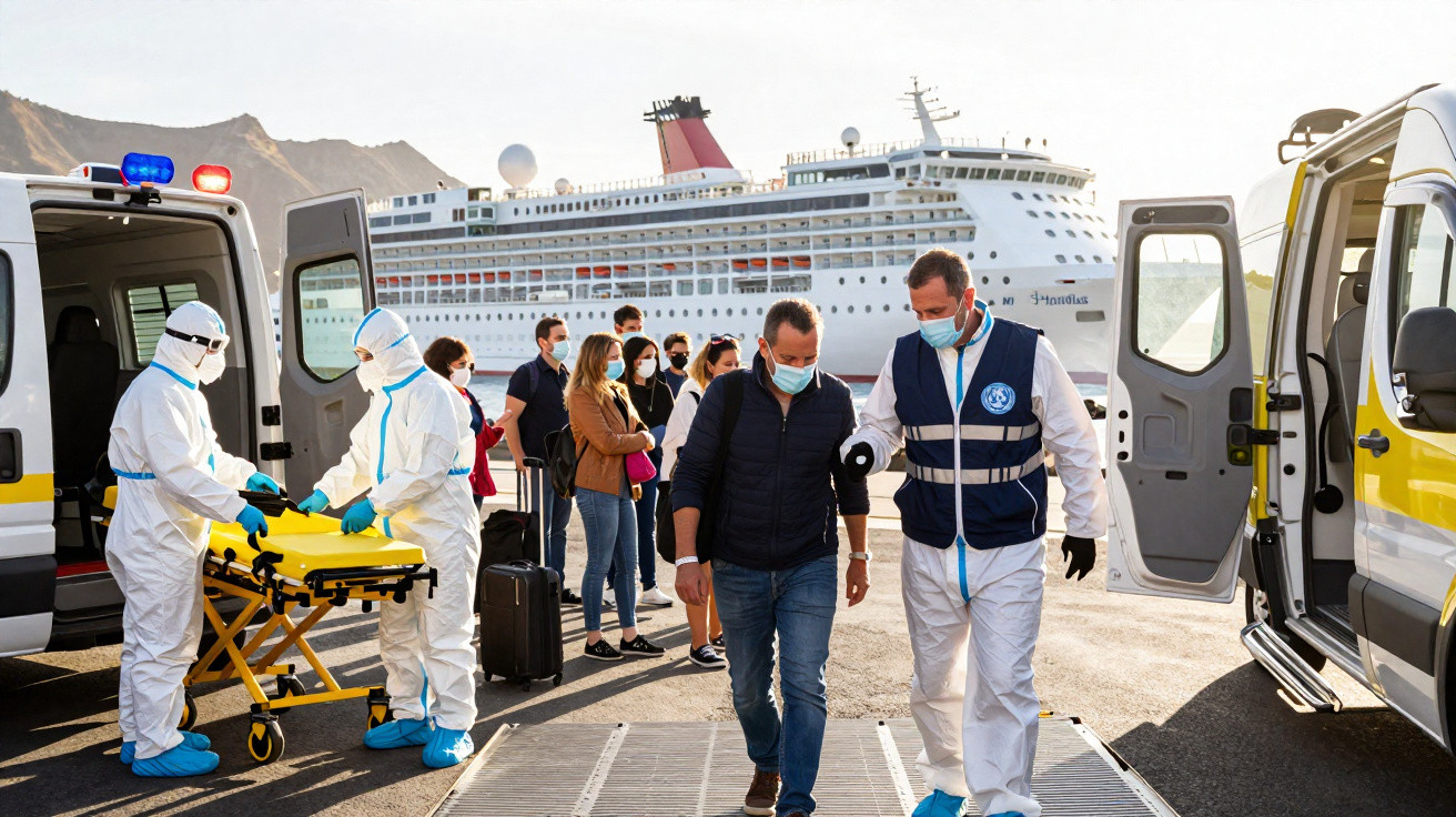 Equipe médica com equipamentos de proteção auxilia passageiros de navio em área portuária durante evacuação.