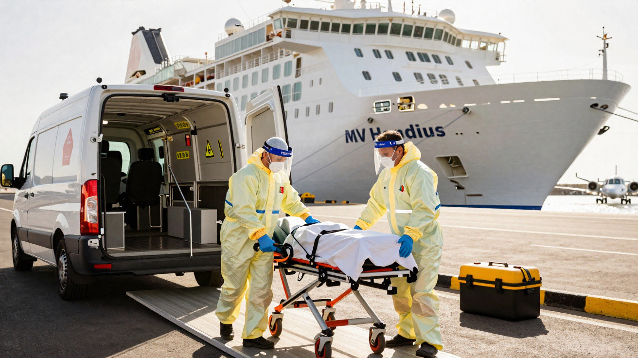 Profissionais de saúde com EPI transportam paciente em maca perto de ambulância e navio de cruzeiro.