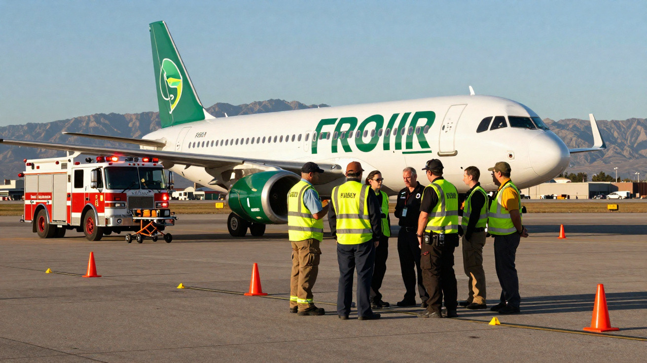 Funcionários em coletes de segurança reunidos na pista perto de avião da companhia aérea Frontier e caminhão de bombeiros.