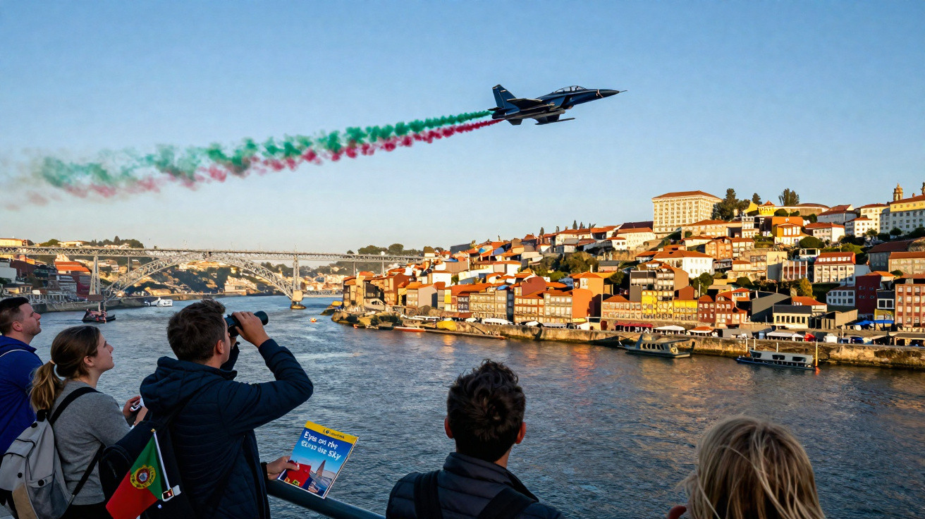 Avião militar deixa rastro colorido no céu enquanto pessoas observam sobre um rio em cidade histórica.