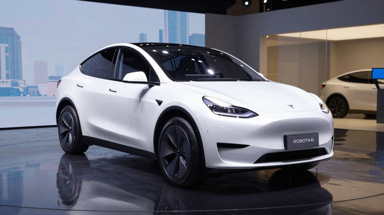 Carro autônomo branco Tesla Model Y exibido em estande com placa "Robotaxi" em ambiente interno.