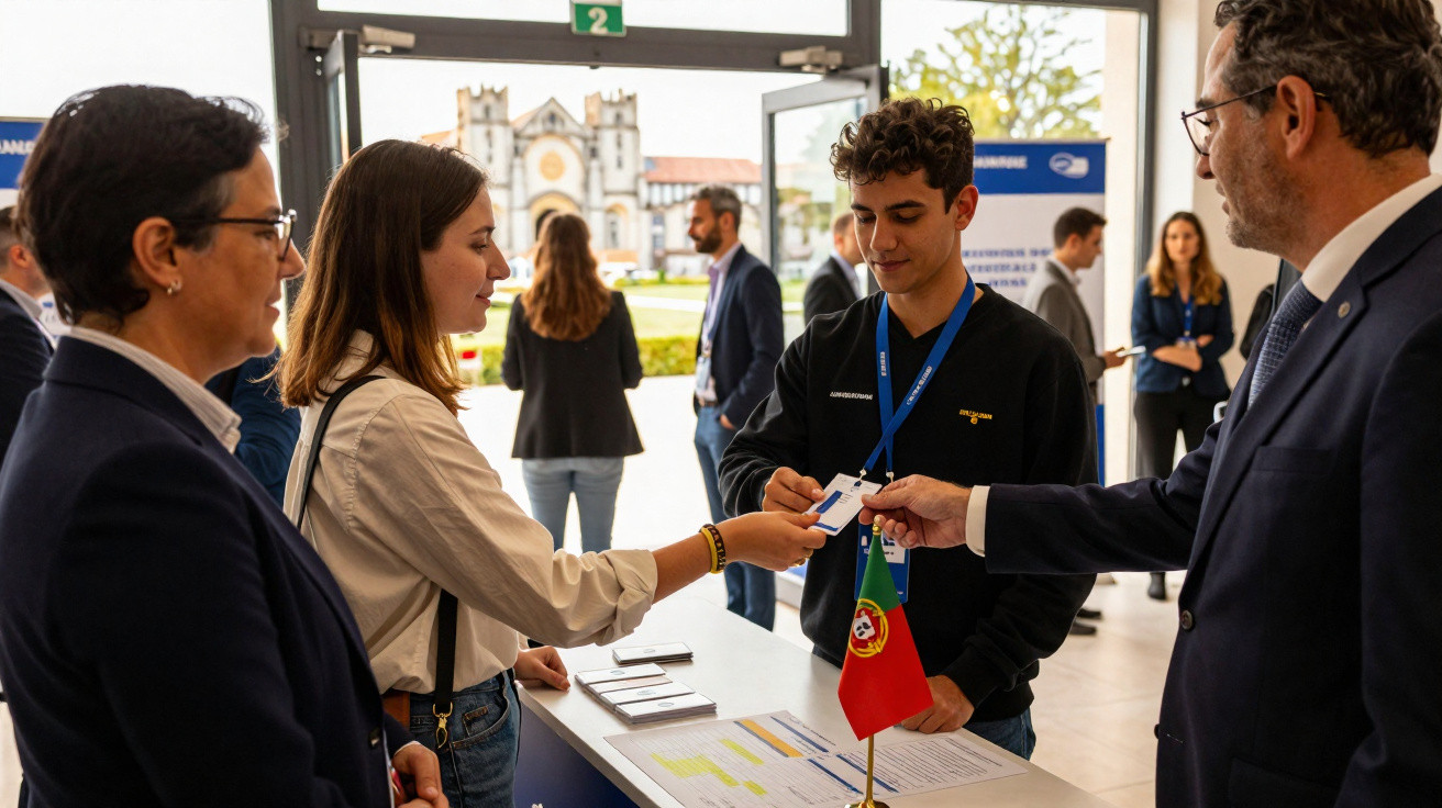 Jovem entrega crachá em balcão de recepção com bandeira de Portugal durante evento profissional.