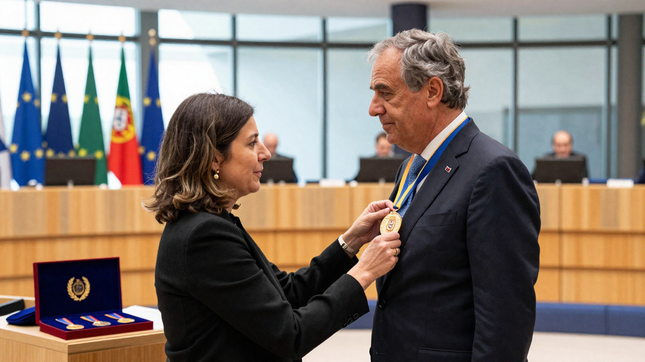 Mulher entrega medalha a homem em cerimônia formal com bandeiras e pessoas ao fundo.