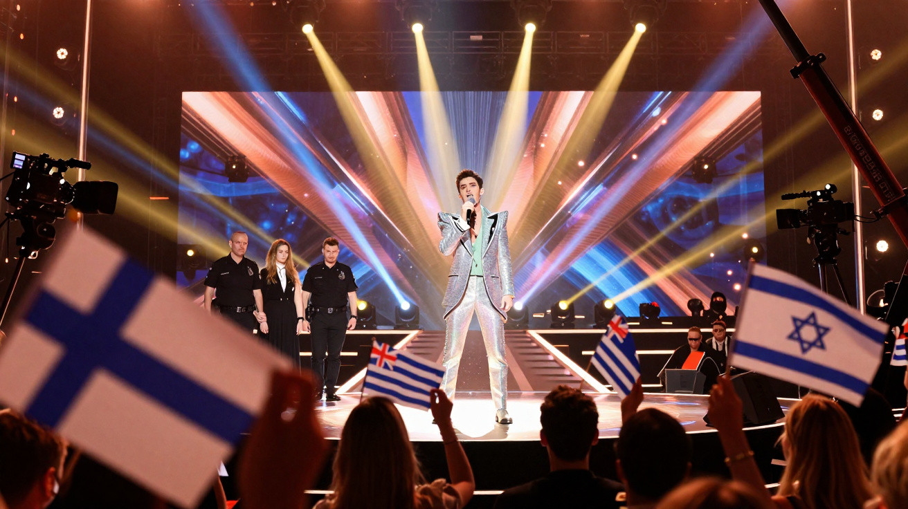 Cantor no palco com luzes coloridas e público segurando bandeiras de países em evento musical.