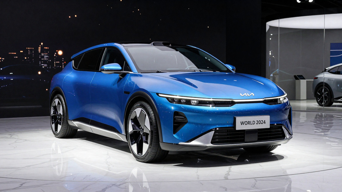 Carro elétrico azul Kia EV6 em estande, com design moderno e placas "WORLD 2024".