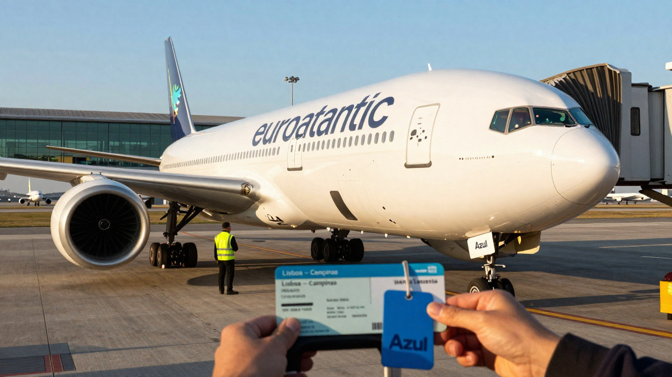 Avião da Euroatlantic estacionado no portão do aeroporto com bilhete e tag Azul em foco.