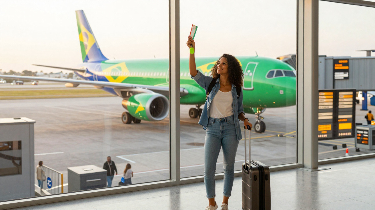 Mulher sorridente segurando passagens e mala em aeroporto com avião verde ao fundo.