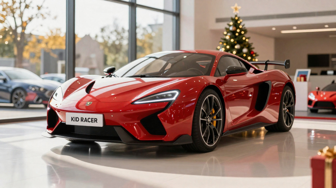 Carro esportivo vermelho brilhante em showroom com árvore de Natal ao fundo e presente vermelha na frente.