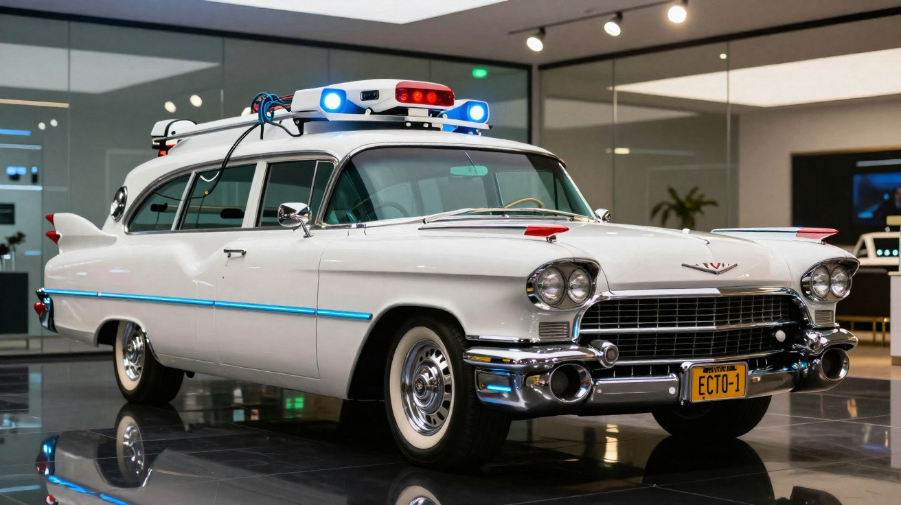Carro Ghostbusters branco clássico com luzes de emergência no teto e placa ECTO-1 em exibição interna.