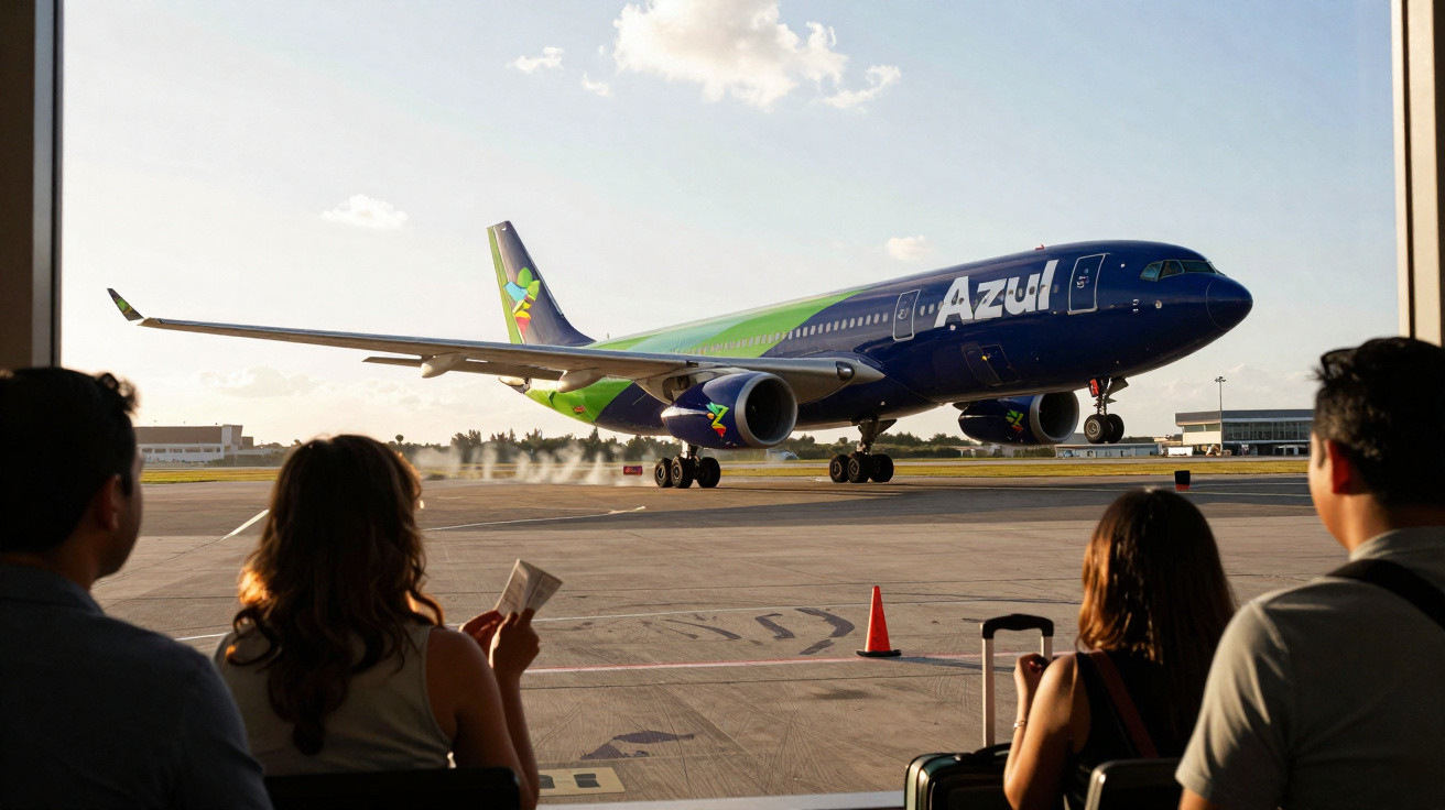 Avião Azul taxiando no aeroporto visto por quatro passageiros aguardando na sala de embarque.