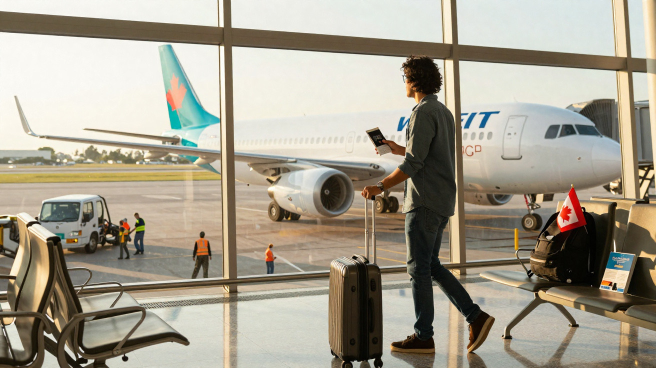 Homem com bagagem e passaporte observa avião Air Canada pela janela do aeroporto.