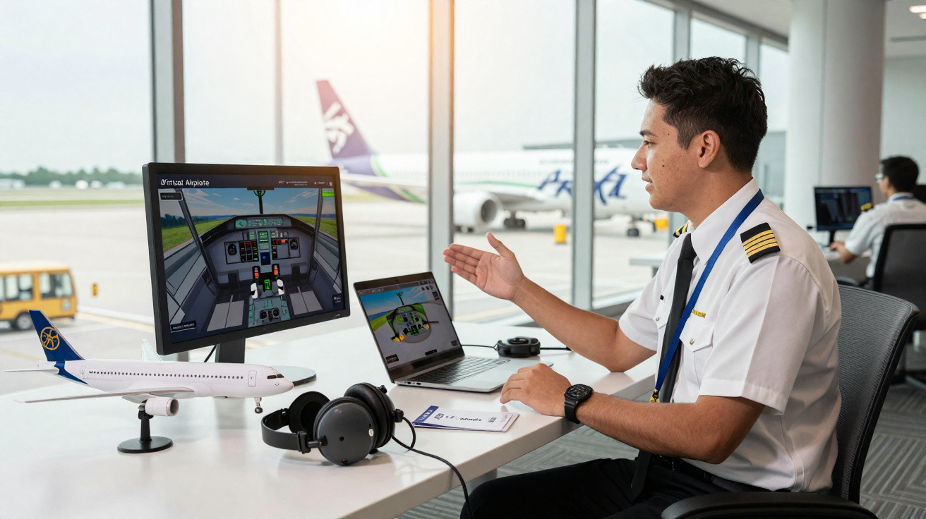 Piloto em uniforme interagindo com simulador de voo em laptop e tela, com modelo de avião na mesa e janela para pista.