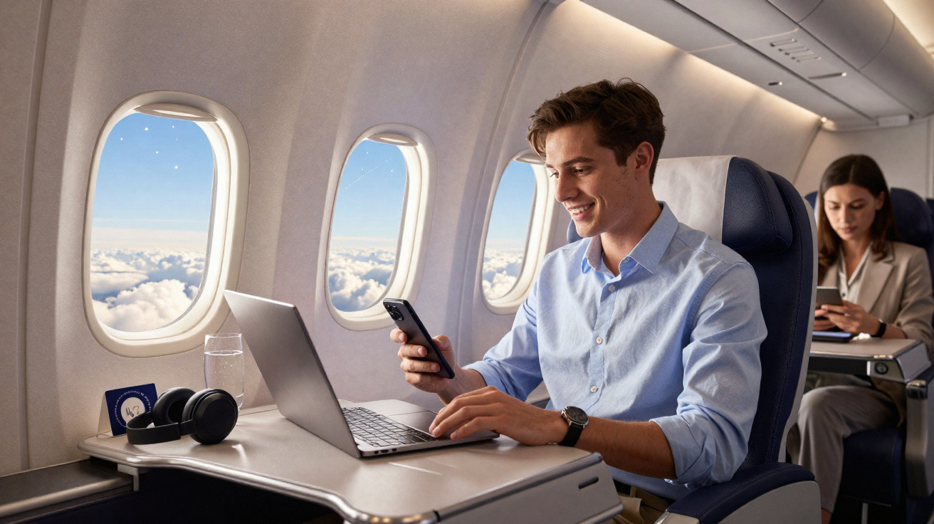 Homem sorridente usando celular e laptop sentado na poltrona de um avião com janelas mostrando nuvens.