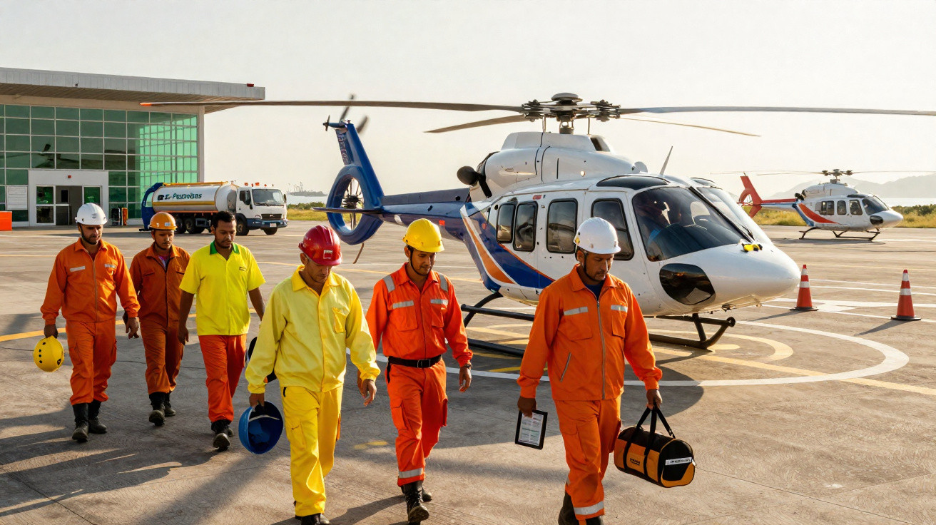 Equipe de trabalhadores com EPI caminhando próximo a dois helicópteros em heliponto industrial.