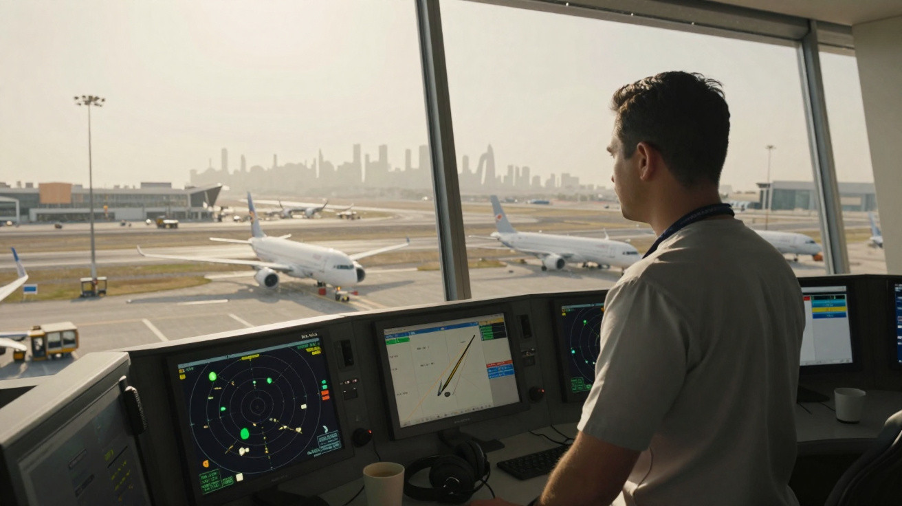 Controlador aéreo observa aviões no aeroporto através de janela na torre de controle ao entardecer.