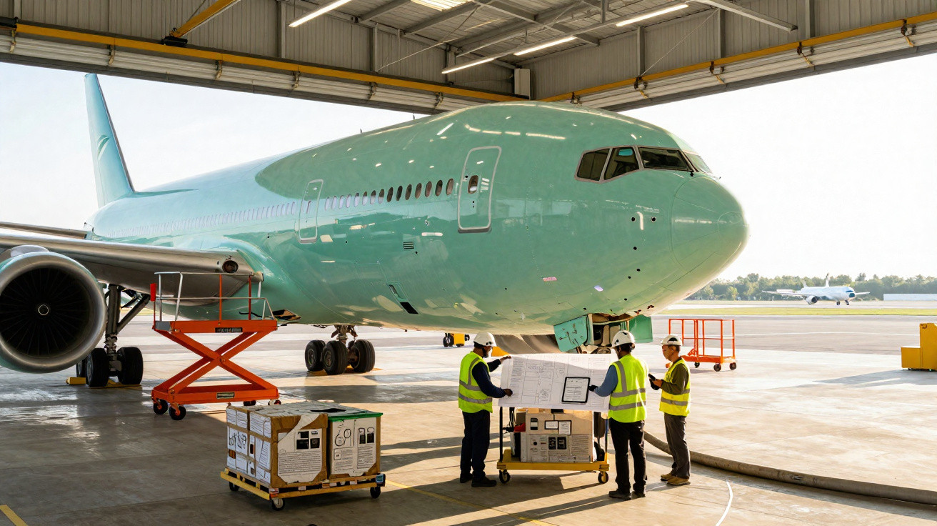 Avião verde em hangar com três trabalhadores de colete refletivo e capacete conferindo documentos.