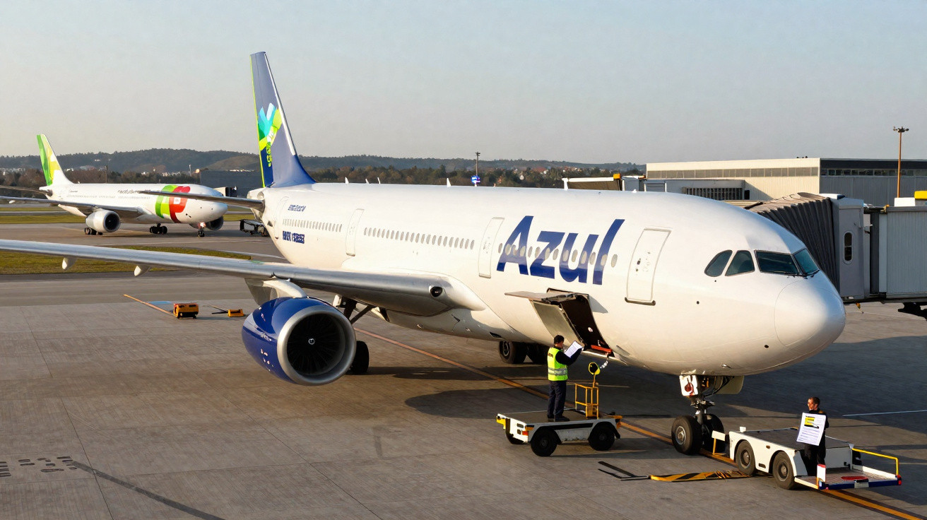 Avião da Azul estacionado no aeroporto com trabalhadores preparando embarque e outro avião ao fundo.