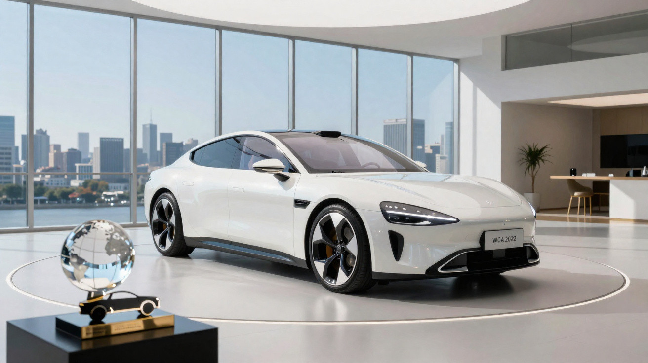Carro elétrico branco moderno em exibição em sala ampla com paredes de vidro e troféu no primeiro plano.