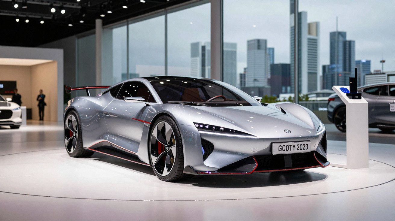 Carro esportivo cinza prateado futurista exposto em salão com vista para prédios altos ao fundo.