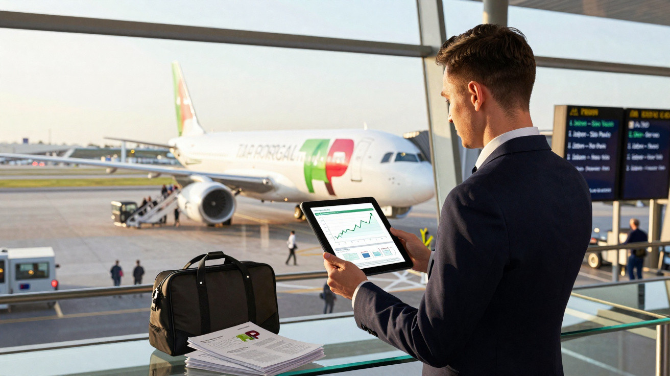 Homem de terno em aeroporto olhando gráfico em tablet com avião da TAP ao fundo.