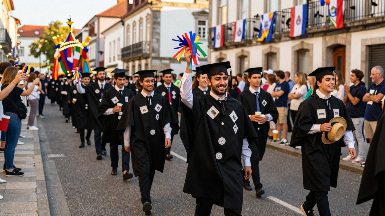 Jovens em becas e chapéus de formatura desfilam por rua com público ao redor em dia ensolarado.