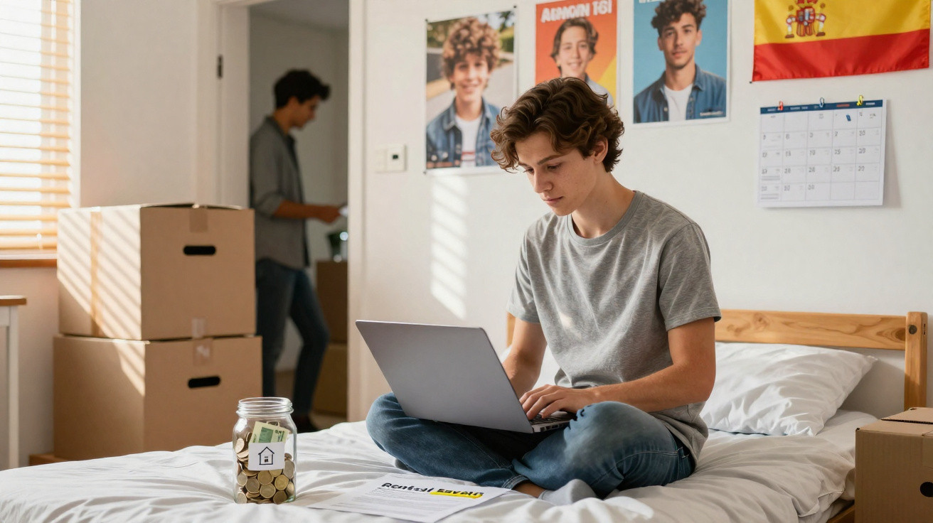 Jovem sentado na cama usando laptop, com cofrinho de moedas e caixas ao fundo em quarto iluminado.
